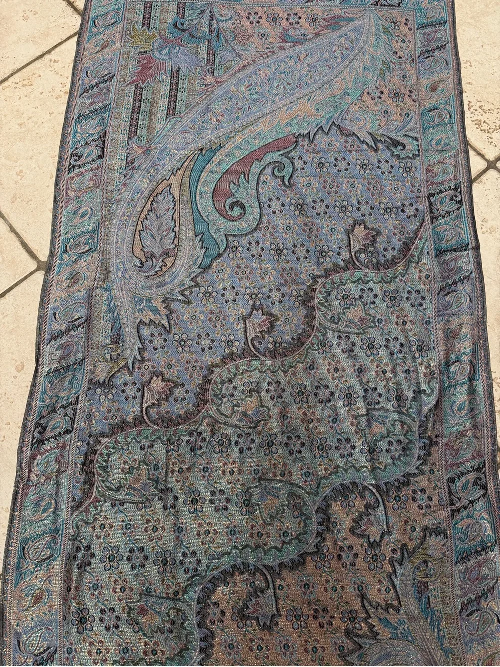 pashmina Teal, Purple & Black Paisley Woven Shawl with Fringe